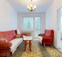 Byt, ktorý dáva zmysel pre rodinu – o 100 000 € lacnejší než dom. - Obývacia izba v 4-izbovom byte s červenými pohovkami a vzorovaným kobercom.