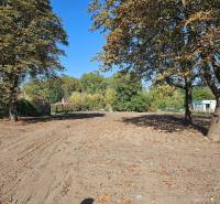 Predáme stavebný pozemok v obci Kajal - 3004m2 - vhodné na 5RD - Pozemok na ulici Jazerná pripravený na bývanie, obklopený stromami a viditeľnými domami v pozadí.