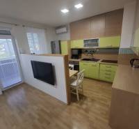 Na prenájom klimatizovaný 2 izbový byt v Moste pri Bratislave - Kuchyňa v 2-izbovom byte s podlahou s dreveným dekorom a svetlou linkou.