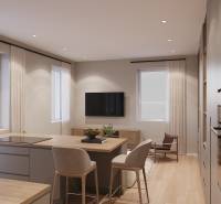 Pripravujeme: Moderná novostavba bytového domu, Byty Maty - Jednoduchý interiér 1-izbového bytu s kuchyňou a obývacou zónou, podlaha s dreveným dekorom.