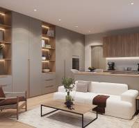 Pripravujeme: Moderná novostavba bytového domu, Byty Maty - Svetlý obývací priestor v 1-izbovom byte s podlahou s dreveným dekorom a vstavanou knižnicou.