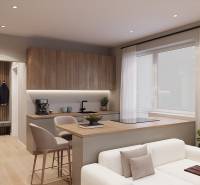 Pripravujeme: Moderná novostavba bytového domu, Byty Maty - Interiér 1-izbového bytu s podlahou s dreveným dekorom a kuchynským kútom.