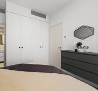 NUERA︱SKY PARK nadštandardný zariadený 2-izbový byt na 15. poschodí - Spálňa so vstavanou skriňou, čiernou komodou a zrkadlom v 2-izbovom byte.