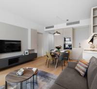 NUERA︱SKY PARK nadštandardný zariadený 2-izbový byt na 15. poschodí - Obývacia izba s kuchyňou a jedálenským stolom v 2-izbovom byte, podlaha s dreveným dekorom.