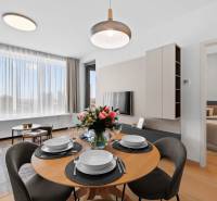 NUERA︱SKY PARK nadštandardný zariadený 2-izbový byt na 15. poschodí - Jedáleň a obývačka v 2-izbovom byte s podlahou s dreveným dekorom.