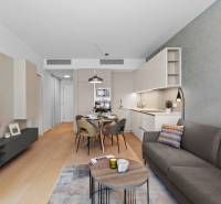 NUERA︱SKY PARK nadštandardný zariadený 2-izbový byt na 15. poschodí - Obývacia izba s podlahou s dreveným dekorom, pohovkou a modernou kuchynskou linkou v 2-izbovom byte.
