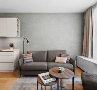 NUERA︱SKY PARK nadštandardný zariadený 2-izbový byt na 15. poschodí - Obývacia izba v 2-izbovom byte s pohovkou, stolíkmi a podlahou s dreveným dekorom.