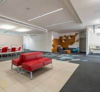 Reprezentatívne administratívne priestory na prenájom  - Kancelárie s červenými sedačkami, konferenčným stolom, vzorovaným kobercom a drevenými dekoráciami.