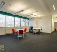 Reprezentatívne administratívne priestory na prenájom  - Kancelárie s čiernym kobercom, červenými stoličkami a veľkými oknami na prízemí.