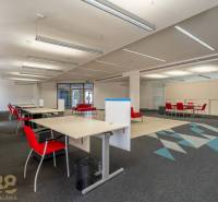 Reprezentatívne administratívne priestory na prenájom  - Interiér kancelárií s červenými stoličkami a kobercovým dekorom na podlahe.