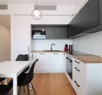 NUERA︱SKY PARK Moderný 2-izbový byt na 6. poschodí, veža 3 - Kuchyňa v 2-izbovom byte s podlahou s dreveným dekorom a čiernymi skrinkami.