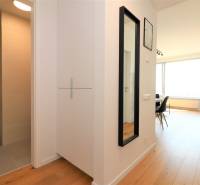 NUERA︱SKY PARK Moderný 2-izbový byt na 6. poschodí, veža 3 - Interiér 2-izbového bytu s kúpeľňou, zrkadlom a podlahou s dreveným dekorom.