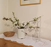 Na Predaj Rodinný dom pozemok 1587 m² v Horných Salibách  - Rodinný dom s kvetmi na komode, ozdobenou dečkou a obrazom na stene.