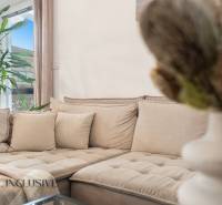 Rezervované 3-izbový byt so záhradou, Šamorín - Pohodlná pohovka s béžovými vankúšmi a zelenou rastlinou v 3-izbovom byte.