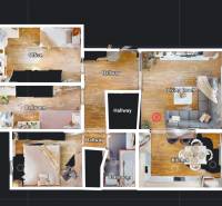 REZERVOVANÝ ZARIADENÝ 4-IZB.  BYT V TOP LOKALITE, DUBNICA NAD VÁHOM - Pôdorys 4-izbového bytu s podlahou s dreveným dekorom a zariadením.