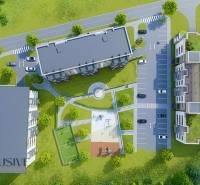 NA PREDAJ 3 IZBOVÉ BYTY DUNAJSKÁ STREDA - Obrázok zobrazuje komplex budov s parkovaním na ulici Júliusa Lőrincza a ihriskom.