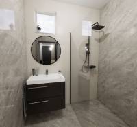 NA PREDAJ DVOJDOM (2× 3-IZBOVÉ DOMY), ZEMIANSKÁ OLČA - Kúpeľňa v rodinnom dome s modernou sprchou a okrúhlym zrkadlom.