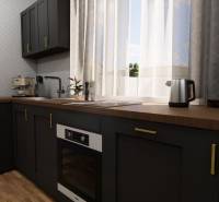 NA PREDAJ DVOJDOM (2× 3-IZBOVÉ DOMY), ZEMIANSKÁ OLČA - Kuchynská linka v rodinnom dome s tmavými skrinkami a podlahou s dreveným dekorom.