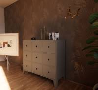 NA PREDAJ DVOJDOM (2× 3-IZBOVÉ DOMY), ZEMIANSKÁ OLČA - Interiér rodinného domu s tapetou, komodou, rastlinou a umením, podlaha s dreveným dekorom.