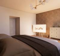 NA PREDAJ DVOJDOM (2× 3-IZBOVÉ DOMY), ZEMIANSKÁ OLČA - Spálňa v rodinnom dome s podlahou s dreveným dekorom, komodou a ozdobnou stenou.