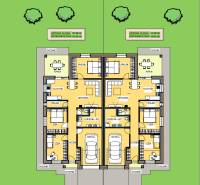NA PREDAJ 4-IZB. ROD.DVOJDOM | FLORIDA PARK,DUN.STREDA - Pôdorys dvojdomu s dvoma spálňami, obývačkou, kuchyňou, garážou a terasou.