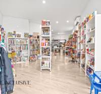 NA PREDAJ NEBYTOVÝ PRIESTOR V DUNAJSKEJ STREDE - Interiér obchodných priestorov s hračkami, knihami a odevmi na podlahe s dreveným dekorom.