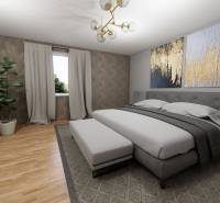 NA PREDAJ 3-IZBOVÝ RD (ČASŤ DVOJDOMU), ZEMIANSKA OLČA - Spálňa v rodinnom dome s posteľou, kobercom, obrazmi a podlahou s dreveným dekorom.