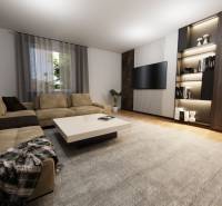 NA PREDAJ 3-IZBOVÝ RD (ČASŤ DVOJDOMU), ZEMIANSKA OLČA - Obývačka v rodinnom dome s pohovkou, podlahou s dreveným dekorom a policovou stenou.