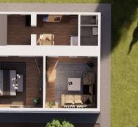 NA PREDAJ 3-IZBOVÝ RD (ČASŤ DVOJDOMU), ZEMIANSKA OLČA - Pôdorys rodinného domu so záhradou, podlaha s dreveným dekorom, dve izby, kuchyňa.