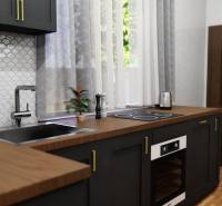 NA PREDAJ 3-IZBOVÝ RD (ČASŤ DVOJDOMU), ZEMIANSKA OLČA - Moderná kuchyňa v rodinnom dome s podlahou s dreveným dekorom a tmavými skrinkami.