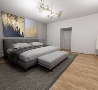 NA PREDAJ 3-IZBOVÝ RD (ČASŤ DVOJDOMU), ZEMIANSKA OLČA - Spálňa v rodinnom dome s podlahou s dreveným dekorom, veľkou posteľou a dekoráciami.