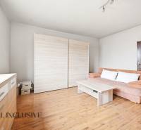 Na predaj 3-izbový rodinný dom, Topoľníky - Obývacia izba v rodinnom dome s podlahou s dreveným dekorom, pohovkou a skriňou.