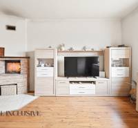 Na predaj 3-izbový rodinný dom, Topoľníky - Obývacia izba v rodinnom dome s krbom, televíziou a podlahou s dreveným dekorom.