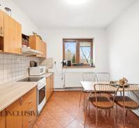 Na predaj 3-izbový rodinný dom, Topoľníky - Kuchyňa v rodinnom dome s drevenými skrinkami, stolom a dlažbou na podlahe.