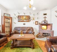 Na predaj 3-izbový rodinný dom, Topoľníky - Obývačka v rodinnom dome s krbom, koženými sedačkami a loveckými trofejami na stene.