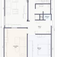 Nadštandardný 4-izbový tehlový byt po kompletnej Sahy - Pôdorys 4-izbového bytu s rozmiestnením izieb a nábytku.