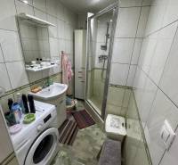 Nadštandardný 4-izbový tehlový byt po kompletnej Sahy - Kúpeľňa so sprchovacím kútom, pračkou a umývadlom v 4-izbovom byte.