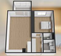 2-izbový byt, NOVÝ, veľkorysý ÚLOŽNÝ PRIESTOR, PARKOVANIE - Pôdorys 2-izbového bytu s podlahou s dreveným dekorom, spálňou a kúpeľňou.