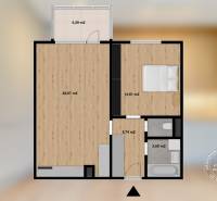 2-izbový byt, NOVÝ, veľkorysý ÚLOŽNÝ PRIESTOR, PARKOVANIE - Pôdorys 2-izbového bytu s balkónom, podlahou s dreveným dekorom a jednou kúpeľňou.