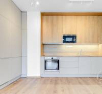2-izbový byt, NOVÝ, veľkorysý ÚLOŽNÝ PRIESTOR, PARKOVANIE - Kuchynská linka v 2-izbovom byte so spotrebičmi a podlahou s dreveným dekorom.