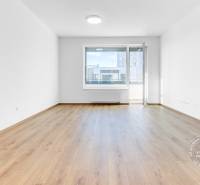 2-izbový byt, NOVÝ, veľkorysý ÚLOŽNÝ PRIESTOR, PARKOVANIE - Priestranná obývačka v 2-izbovom byte s podlahou s dreveným dekorom a balkónom.