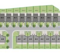 Elegancia, pokoj a nový začiatok na dosah mesta - Pôdorys rozloženia rodinných domov v Zlatých Moravciach so zelenými pozemkami a komunikáciou.