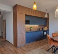 CHORVÁTSKO - Luxusne zariadený 3 izbový apartmán - VRSI, Zadar - Kuchynská linka s modrými skrinkami, podlaha s dreveným dekorom v 3-izbovom byte.