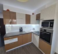 Reprezentatívny 2 izb.byt na prenájom SOHO TOWER Komárno ! - Kuchyňa 2-izbového bytu s podlahou s dreveným dekorom a modernými spotrebičmi.