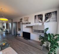 Reprezentatívny 2 izb.byt na prenájom SOHO TOWER Komárno ! - Obývacia izba v 2-izbovom byte s podlahou s dreveným dekorom a dekoračnými prvkami.