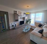 Reprezentatívny 2 izb.byt na prenájom SOHO TOWER Komárno ! - Obývacia izba v 2-izbovom byte s podlahou s dreveným dekorom a priestrannou pohovkou.