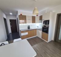 Reprezentatívny 2 izb.byt na prenájom SOHO TOWER Komárno ! - Kuchyňa so spotrebičmi a stolom, podlaha s dreveným dekorom v 2-izbovom byte.