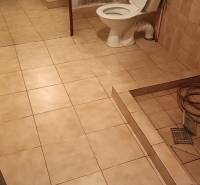 Na predaj RD na bývanie alebo investičná príležitosť Horné Saliby - Kúpeľňa v rodinnom dome s toaletou, umývadlom a dlažbou na zemi.