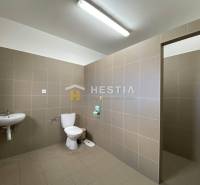 Na prenájom skladová hala, obec Rybky, okr. Senica - Toaleta v priemyselnej hale so svetlými obkladmi a základným vybavením.