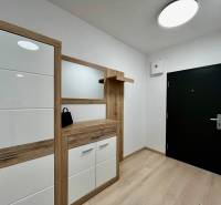PRENÁJOM NOVOSTAVBA 2 izb.byt, BALKÓN, PARKOVACIE MIESTO, BIELY KOSTOL - Chodba s podlahou s dreveným dekorom v 2-izbovom byte, moderný nábytok a tmavé dvere.